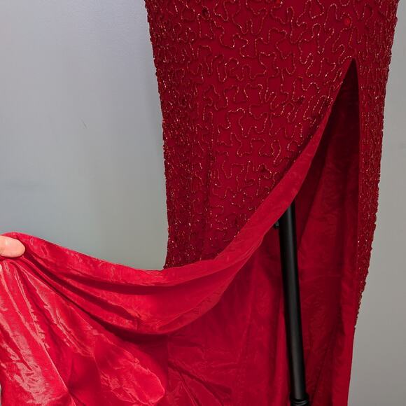 Vintage Cache Prom Dress Maxi Gown Red XS Glam Silk Bead 90s Y2K Pageant Classic - Picture 6 of 16